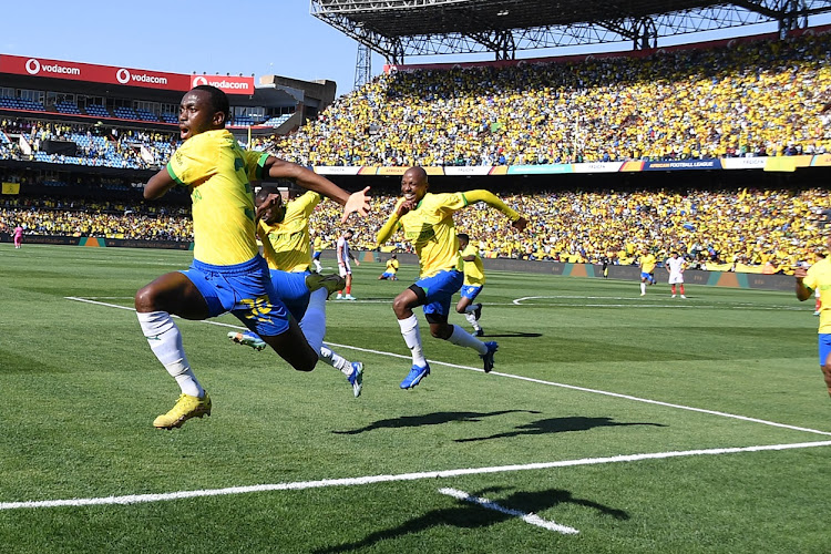 Peter Shalulile celebrates scoring for Mamelodi Sundowns in their 2023 African Football League final, second leg match against Wydad Athletic at Loftus on Sunday.