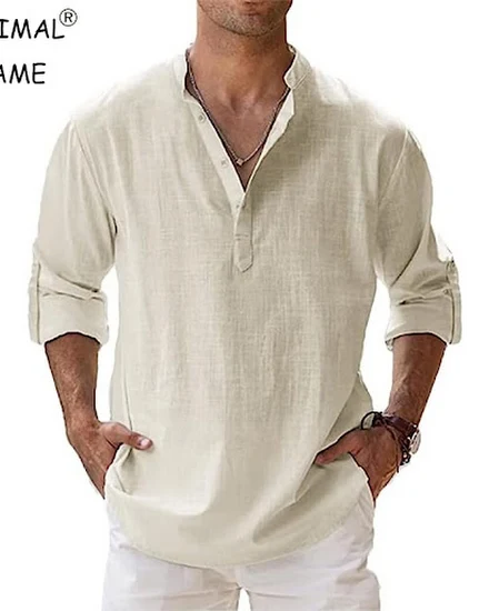 New Men's Cotton T Shirts Linen Casual Long Sleeve Button... - 0