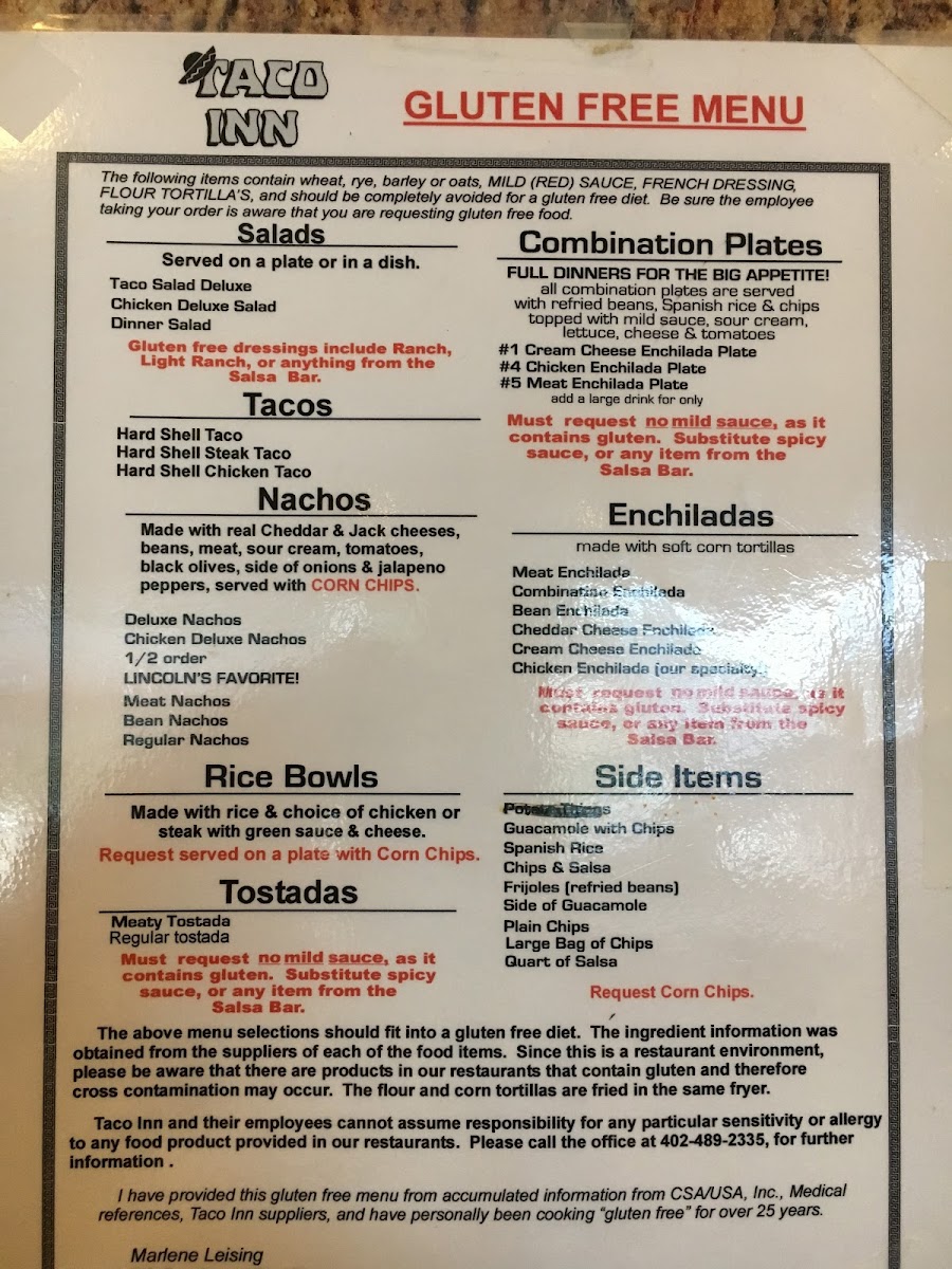 Taco Inn gluten-free menu