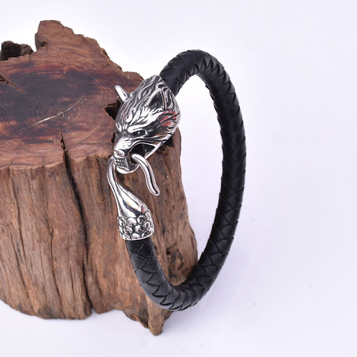 Title 2, Viking Mens Stainless Steel Wolf Head Leather ...