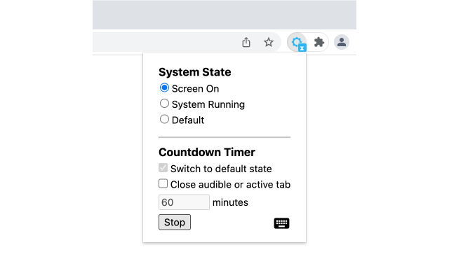 Keep Computer Awake (for a While) chrome extension