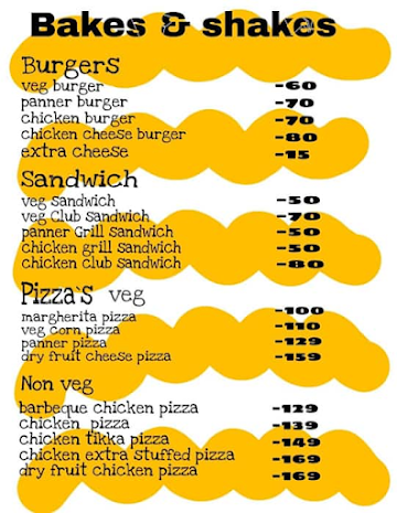 Bakes & Shakes menu 