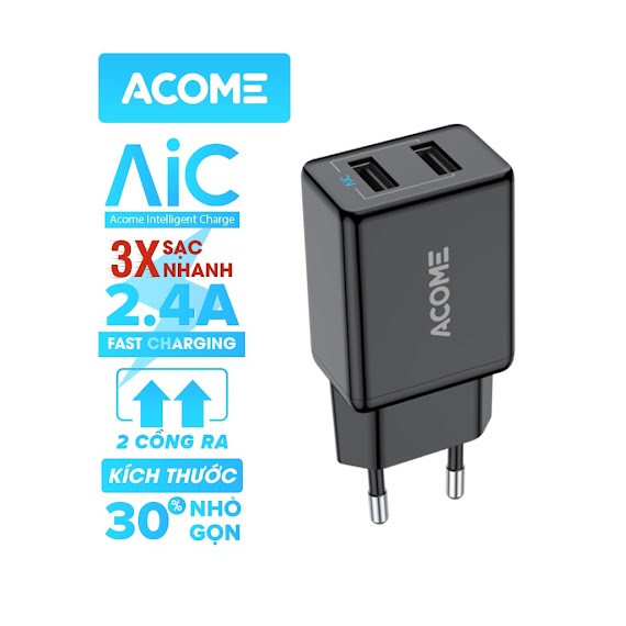 Cốc Sạc Acome Ac03/Ac03U 2 Cổng Usb Sạc Nhanh 2.4A