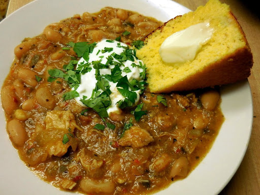 My White Bean Chicken Verde Chili and Corny Cornbread. Delicious and Healthy. 