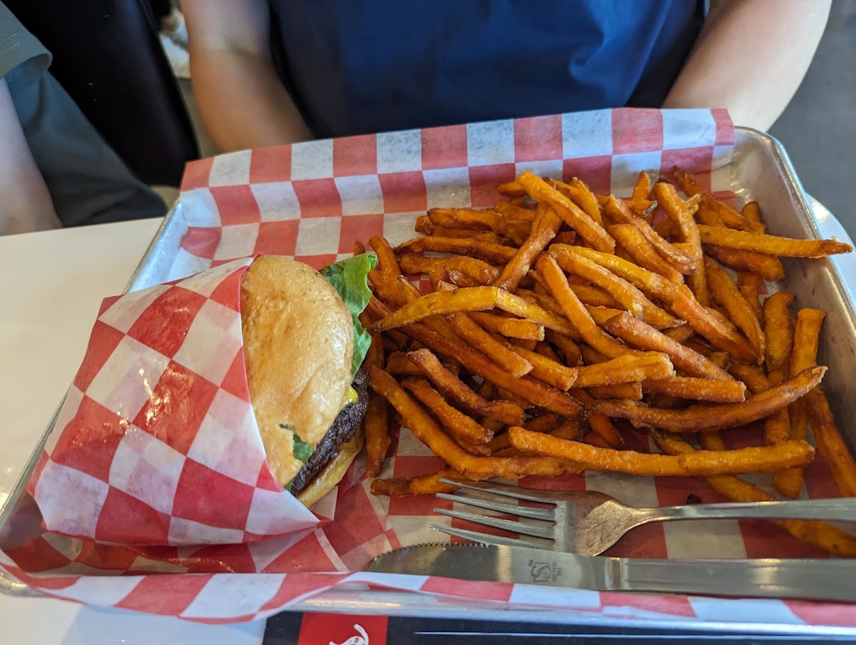 GF Burger and Sweet potato fries