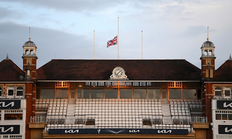 The Union Jack flies at half-mast after it was announced that Queen Elizabeth has died, after day one of the third Test between England and SA at the Oval in London on September 8 2022.