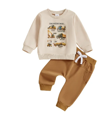 Ensemble Sweat-shirt Garçon Imprimé Camion et Chantier Confortable Pull et Pantalon pour Enfants Idéal pour Jouer et Explorer