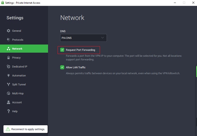 PIA Request Port Forwarding setting checked