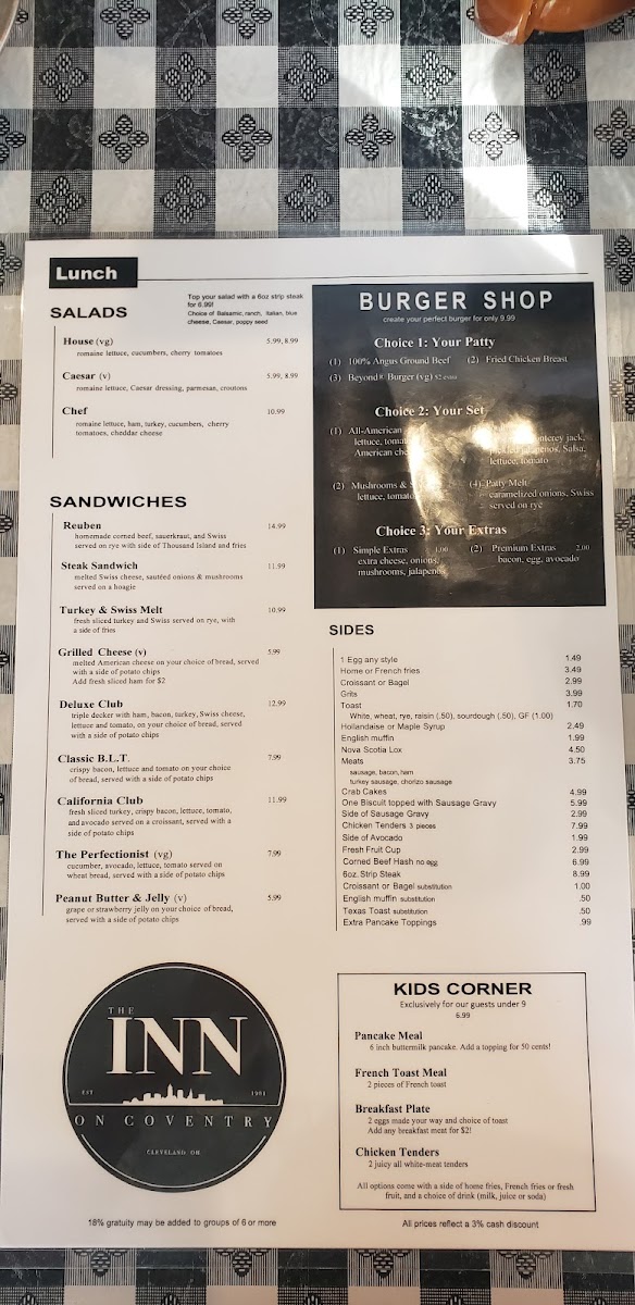 Inn On Coventry gluten-free menu