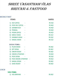 Shree Vasantham Vilas Fast Food menu 1