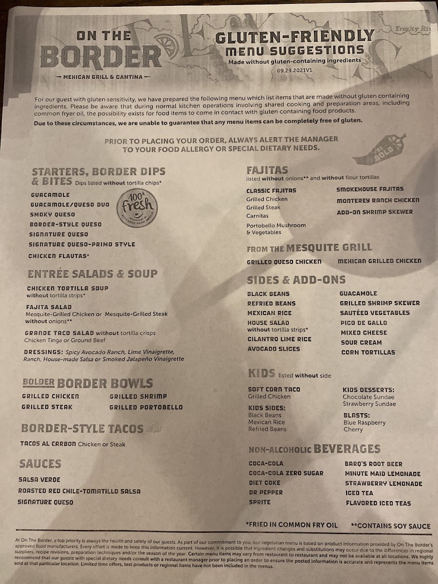 Gluten friendly menu