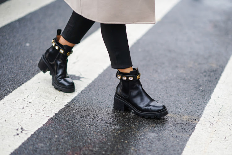 Black leather, bejeweled shoes from Gucci, during New York Fashion Week on February 11 2020 in New York City, the US. Picture: GETTY IMAGES/EDWARD BERTHELOT