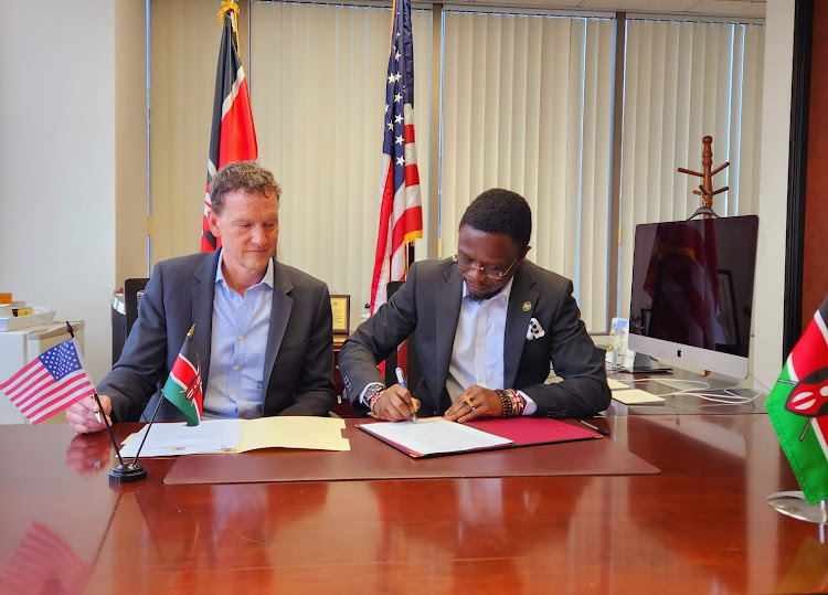 Invention Studios CEO Nicky Weinstock and Sports CS Ababu Namwamba signing a deal to bring Hollywood's invention studios to Kenya, September 23, 2023.