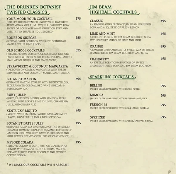 The Drunken Botanist menu 