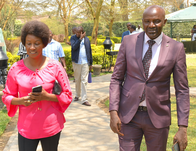 Teachers Service Commission Nancy Macharia and the chairman of the Senate committee on education Senator Joseph Nyutu during a retreat in Sawela Lodge, Naivasha