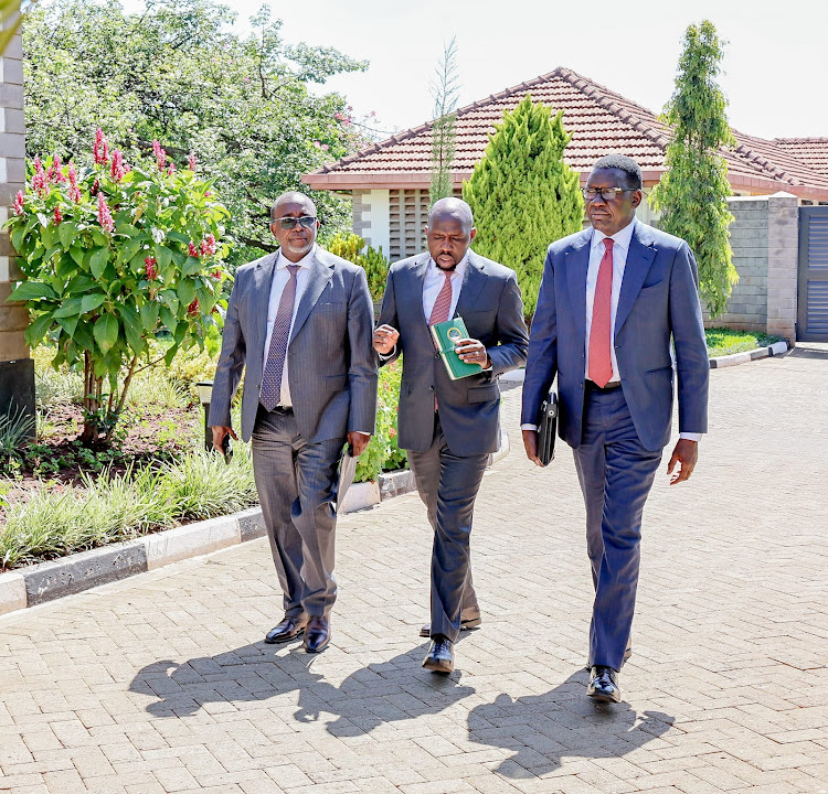 From left: Cabinet Secretaries Mithika Linturi (Agriculture), Kipchumba Murkomen (Roads) and Davis Chirchir (Energy) arrive for the joint cabinet committee meeting at DP Gachagua Karen residence on March 12, 2024.