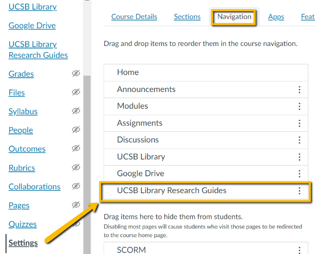 Inside the Setting, the navigation tab is select and an arrow is pointing to the UCSB Library Research guide.