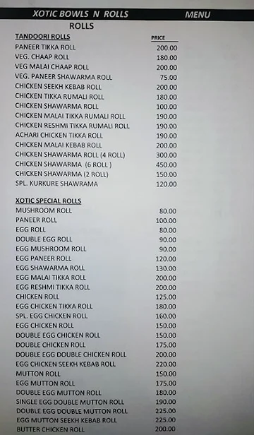 Xotic Bowls N Rolls menu 