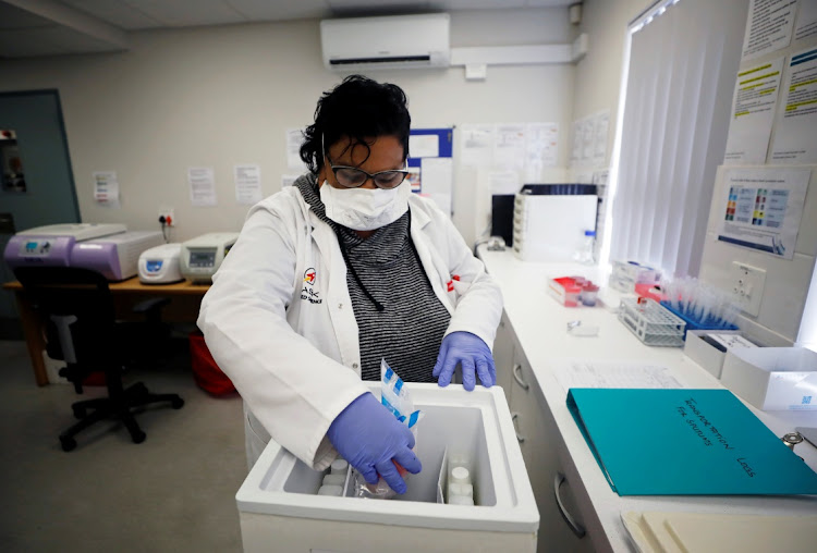 A laboratory worker in Cape Town, May 11 2020, May 11 2020. Picture: REUTERS/MIKE HUTCHINGS