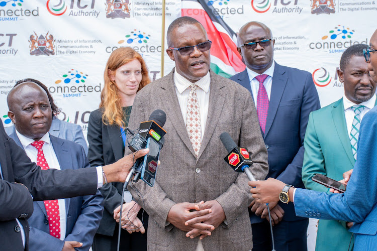 ICT CS Eliud Owalo speaking during a media briefing held at Uhuru Gardens ahead of the Connected Africa Summit 2024, April 16, 2024.