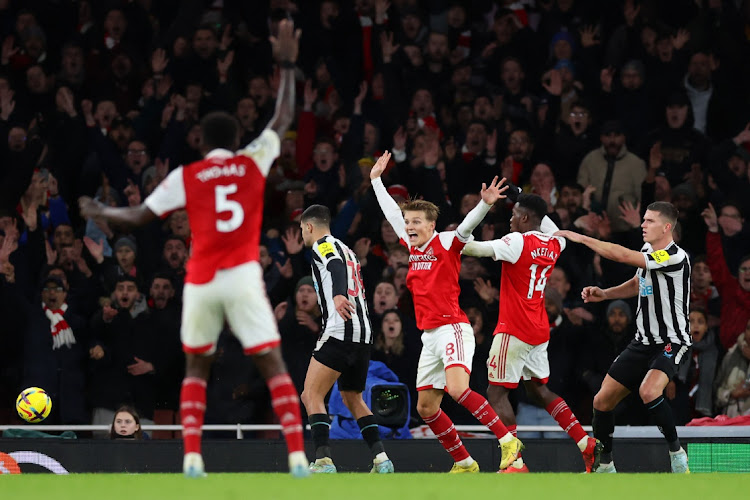 Martin Odegaard of Arsenal appeals for a handball during the Premier League match aginst Newcastle United at Emirates Stadium in London on January 3 2023.