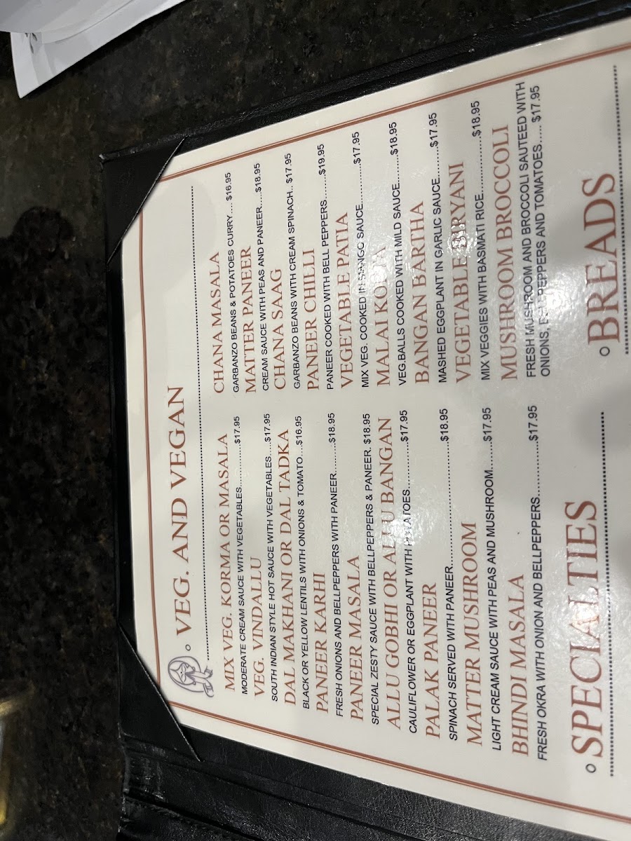 India Garden Restaurant gluten-free menu