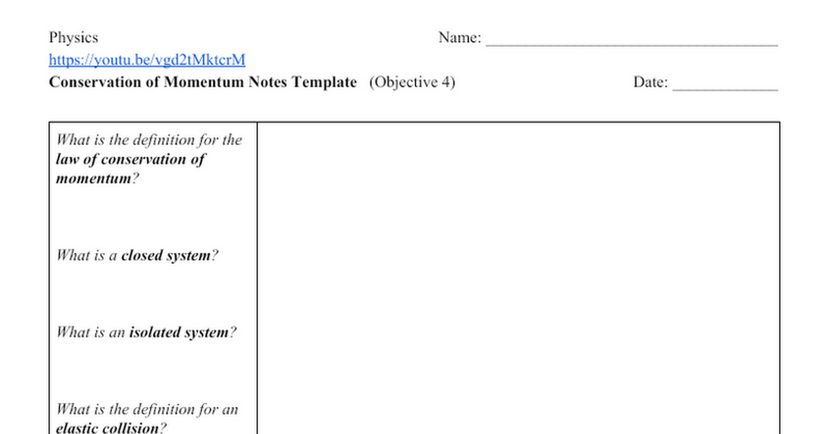 Conservation of Momentum Notes Template