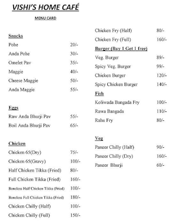 Vishi's Home Cafe menu 