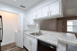 Kitchen with light walls, cabinets & counters with dark appliances & a single bowl stainless steel sink with a sprayer faucet