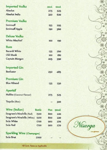 Nisarga - South Coast Hotel menu 