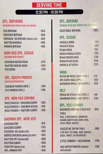 Andhra Canteen menu 