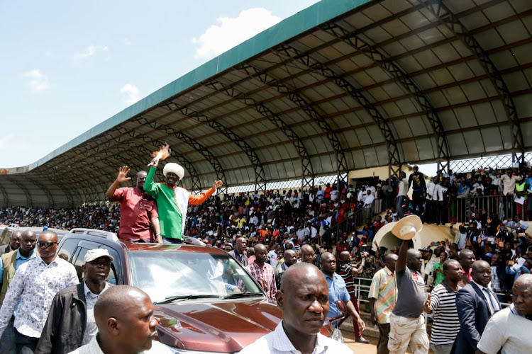 ODM leader Raila Odinga and Meru Governor Kiraitu Murungi arrive in Kinoru Stadium for the BBI rally on February 29, 2020