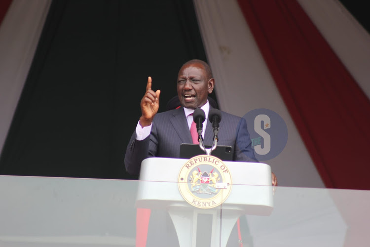 President William Ruto speaks during Mashujaa Day Celebrations at Kericho Stadium on October 20,2023.