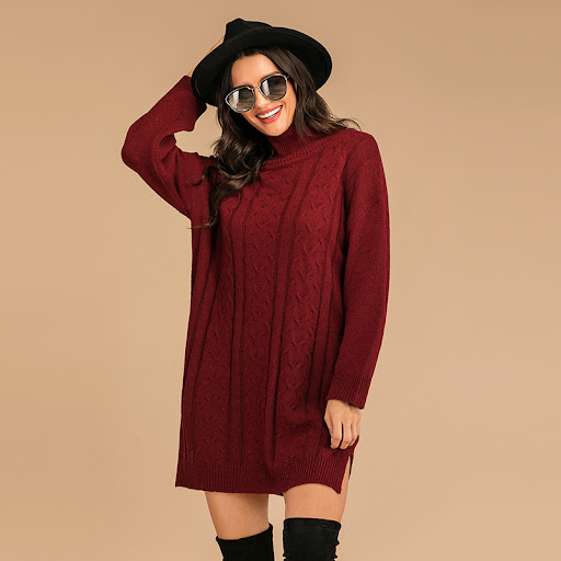 Title 4, Loose Twist Knit Outer Wear Mid-length Turtlene...