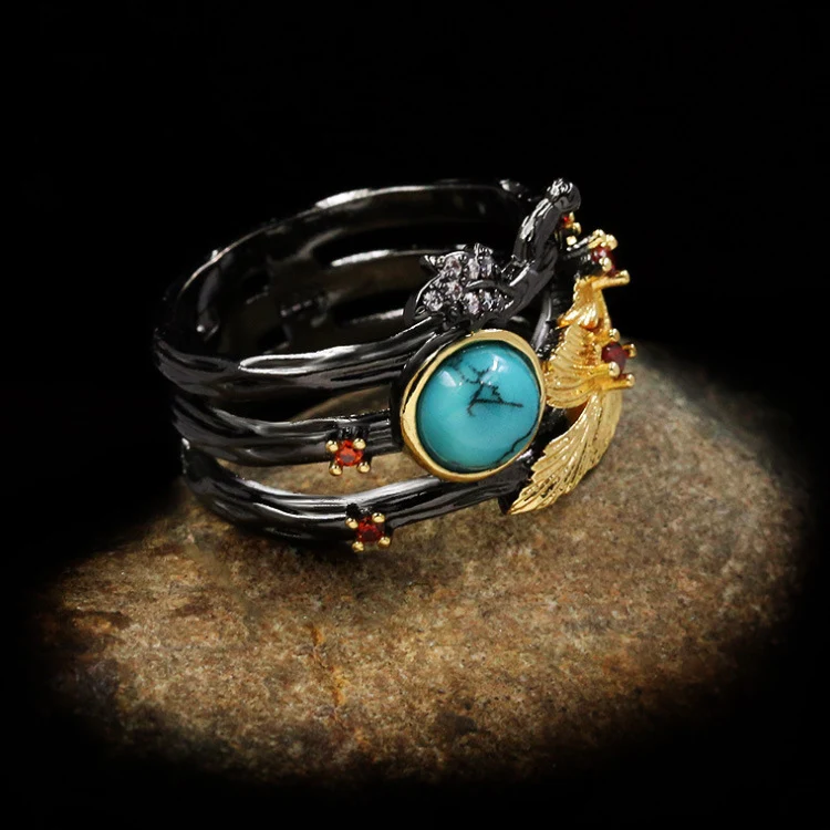 Collier Anneau Turquoise Or Noir Bicolore Série Fleurs Plantes Bijou Tendance Cadeau Femme Élégant Design Unique Confortable