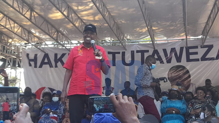 KANU party leader Gideon Moi addressing the public at Mulu Mutisya Grounds in Machakos county on Saturday. PHOTO/GEORGE OWITI