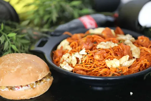 Schezwan Chicken Noodles And Chicken Burger