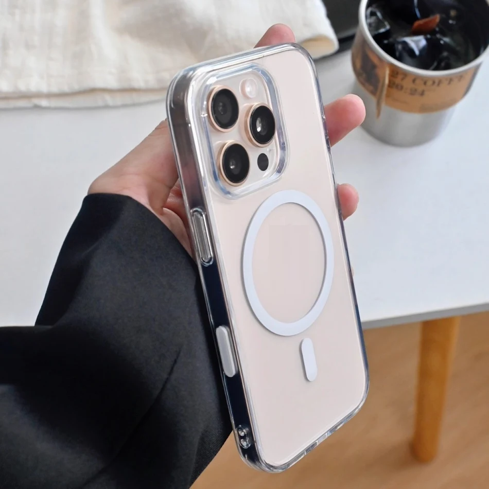 Capa magnética transparente com botão de capacitor para fotos, protetora para celular. Proteção e praticidade em um design elegante e funcional.