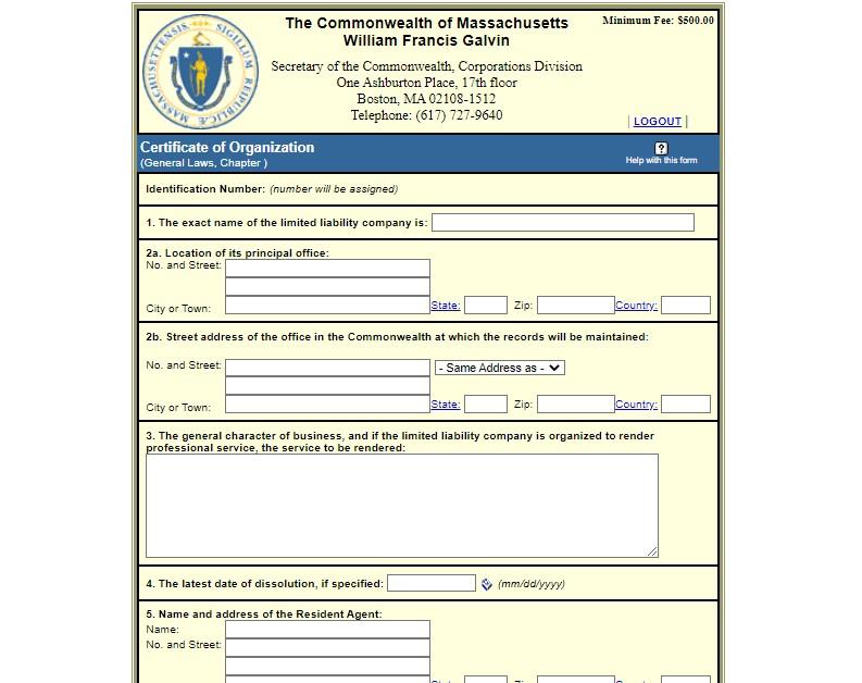 Certificate of Organization for Massachusetts LLC