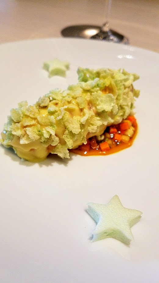 A Meal at In Situ, a restaurant at SF MOMA offering iconic dishes: this is Wasabi Lobster with mango jelly, Thai vinaigrette, wasabi marshmallow, a dish from Tim Raue, Restaurant Tim Raue from Berlin, Germany, 2013