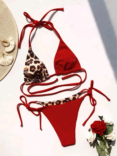 Title 5, Womens Leopard Print Split Swimsuit Halter Lac...