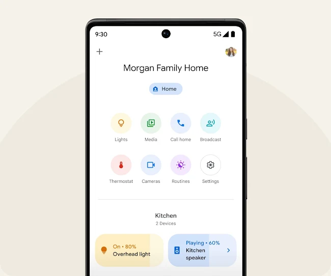 A Pixel Phone screen shows the Google Home app for the Morgan Family Home, with icons to control things like the lights, thermostats, and cameras