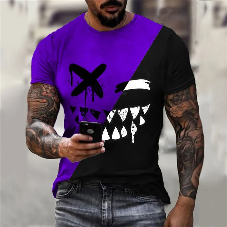 Round Neck Colorblock Smiley Face Short-Sleeved T-Shirt