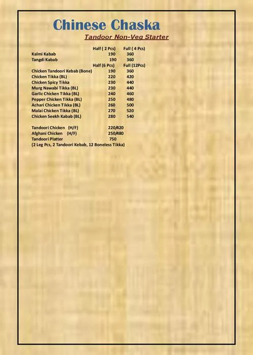 Chinese Chaska menu 