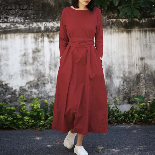 Title 5, Ladies Pocket Long Sleeve Lace Up Maxi Dress of...