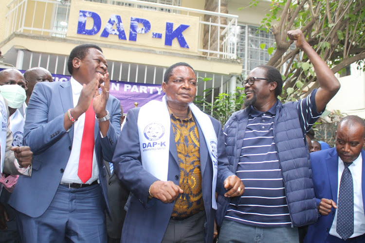 Defence CS Eugene Wamalwa, Former National Assembly Speaker Kenneth Marende and DAP-K party leader Wafula Wamunyinyi at the party's offices in Kilimani on January 24, 2022