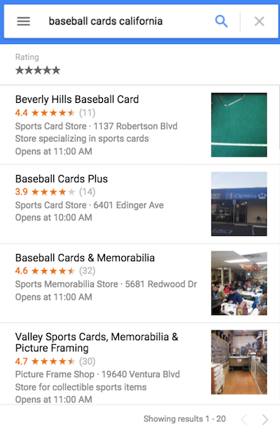 Sample Google Search result showing rich results for physical stores.