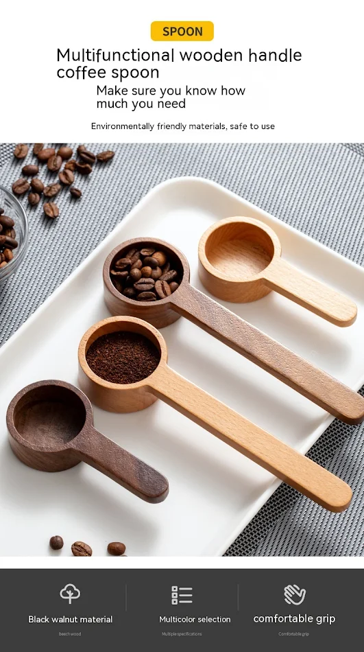 Zwarte walnoothouten koffielepel met lange en korte handgreep, ideaal voor koffie en dranken, gemaakt van natuurlijk en duurzaam hout.