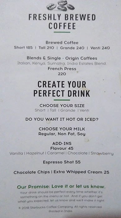 Starbucks menu 