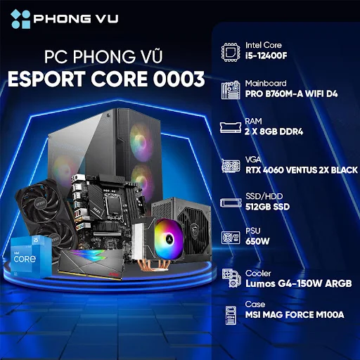 PC PV Esport Core 0003 (Intel Core i5-12400F/2 x 8GB/512GB SSD/GeForce RTX 4060/Free DOS)